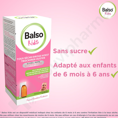 Balso Kids Sirop Toux Sèche Sans Sucre - 125 ml + pipette
